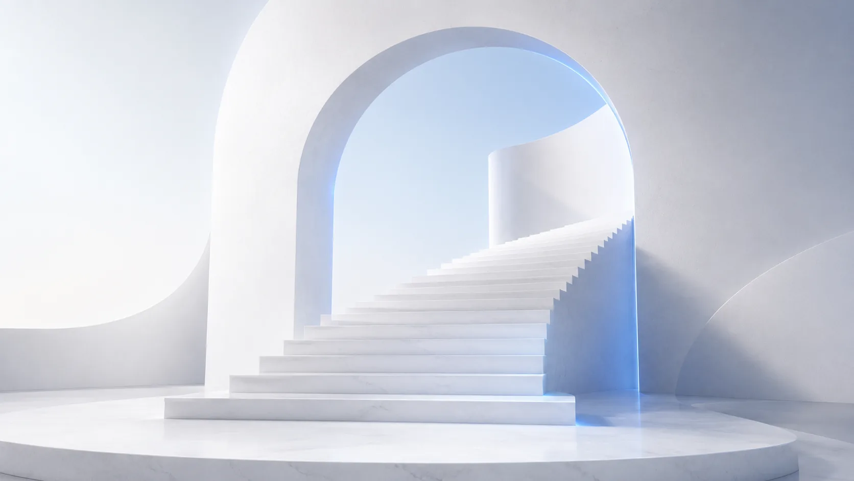 A luminous modular stair and portal suggesting structured expansion and future products.