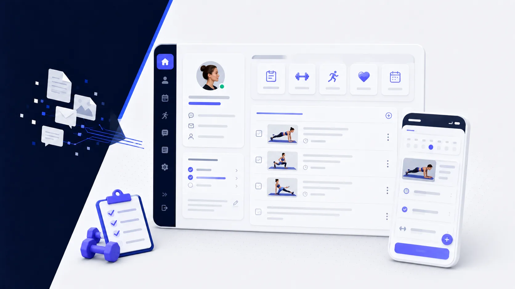 A trainer-focused desktop and mobile interface concept with clear operational next actions.