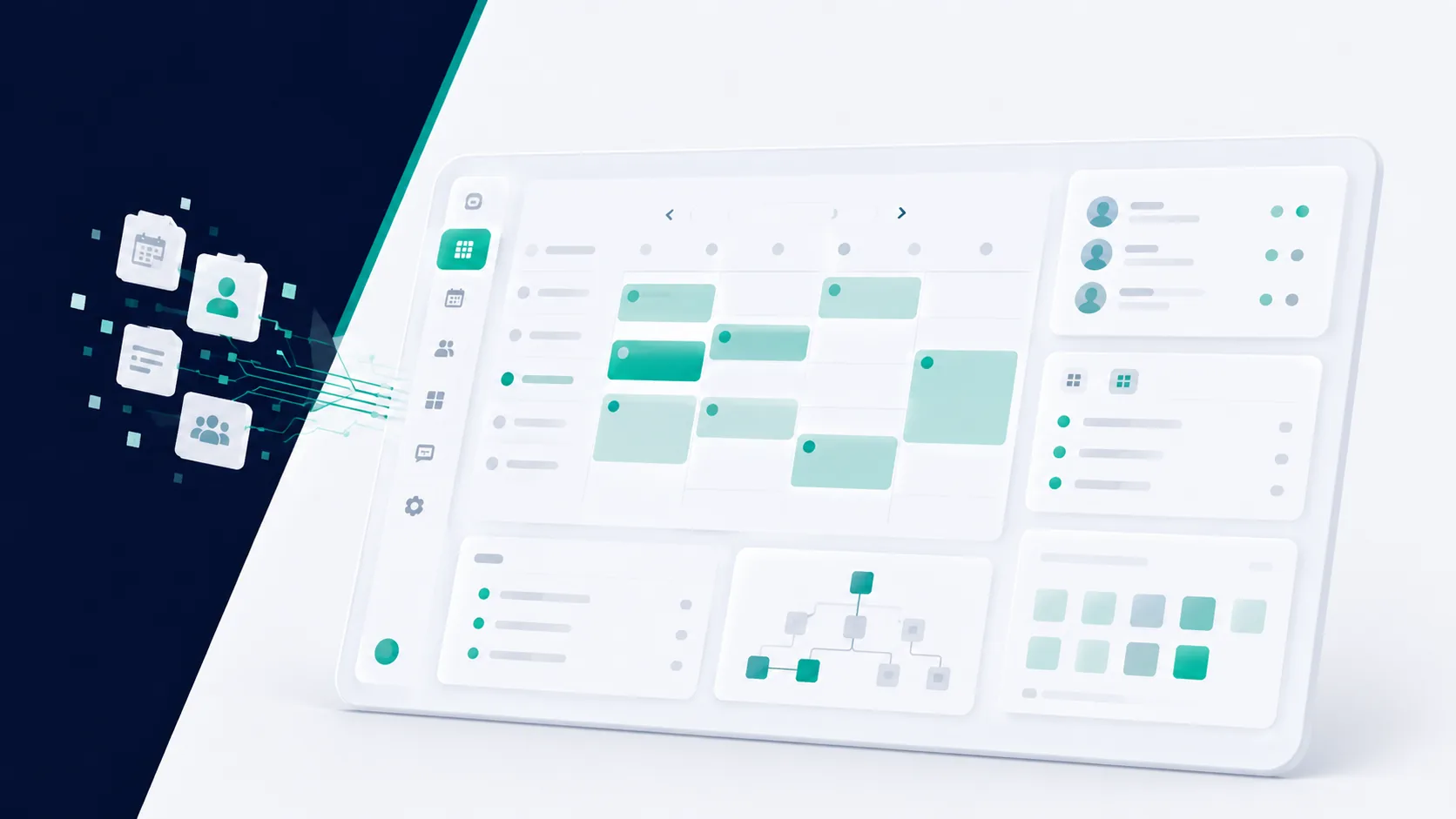 A calm, tablet-oriented operating interface with schedule and coordination views.